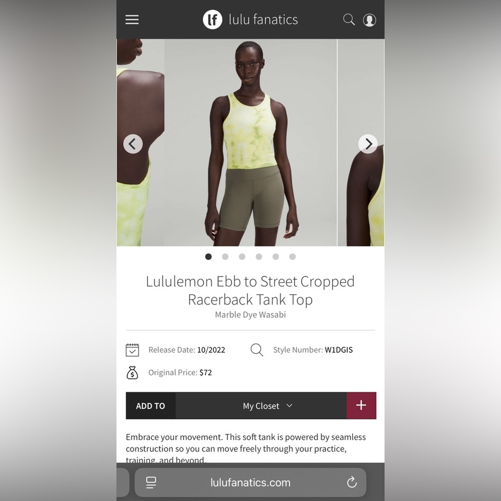 NWT Lululemon Ebb to Street Cropped Racerback Tank Top
Marble Dye Wasabi